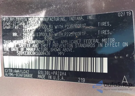 2019 Toyota Sienna Xle 8 Passenger from USA, damaged, VIN 5TDYZ3DC8KS008426